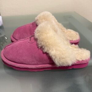 BearPaw Fuchsia Suede Slippers with Plush Cream Lining